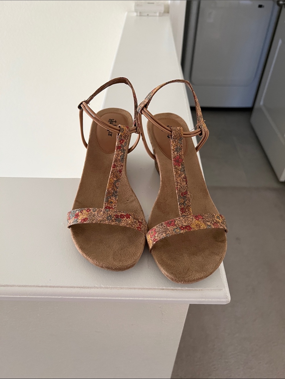 Style & Co. Brown Floral T-Strap Wedge Sandals